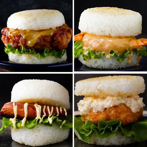 Featuring Teriyaki Salmon Burger, Shrimp Katsu Rice Burger, Shrimp Tempura Rice Burger and Japanese-Style Fried Chicken Rice Burger Rice Burger Recipe, Rice Burger, Sushi Burger, Salmon And Rice, Japanese Rice, Asian Dishes, Burger Recipes, Polenta, Salmon Burgers