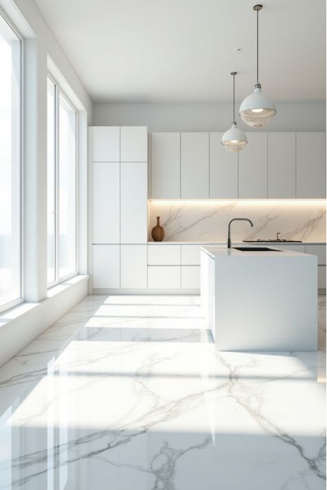 Bright white kitchen with reflective marble flooring and large windows White Kitchen Marble Floor, White Kitchen Modern Contemporary, White Marble Floor Kitchen, Flooring For White Kitchen, Kitchen With Marble Floor, Dream Kitchen White, White Kitchen Floor, Bright White Kitchen, Marble Tile Kitchen