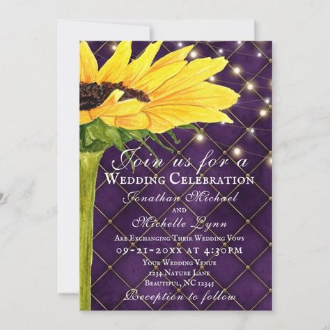 Sunflower and String Lights on Purple Wedding Invitation - tap/click to personalize and buy #Invitation #sunflower, #floral, #fall, #autumn, #yellow, Sunflower Wedding Invitation Template, Bold Wedding Invitations, Sunflower Themed Wedding, Sunflower Wedding Invitations, Purple Wedding Invitations, Rsvp Postcard, Sunflower Wedding, Wedding Save The Date, Yellow Sunflower