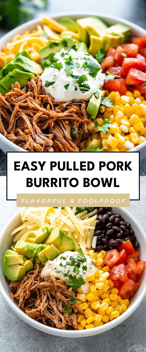 Image for Easy Pulled Pork Burrito Bowl Pulled Pork Burrito Bowl, Recipes For Pork Butts, Game Day Meals Dinners, Things To Make With Pulled Pork, Gluten Free Game Day Food, Pulled Pork Meal Ideas, Pork Shoulder Pressure Cooker, Pulled Pork Meals, Recipes With Pulled Pork