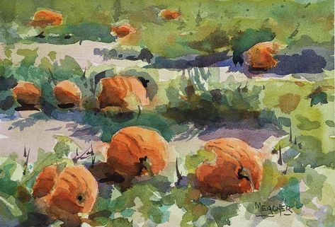 Pumpkin Patch Watercolor, Pumpkin Patch Painting, Pumpkin Patch Art, Book Forest, Harvest Art, Pumpkin Paintings, Fall Paintings, Painting Pumpkin, Let's Make Art