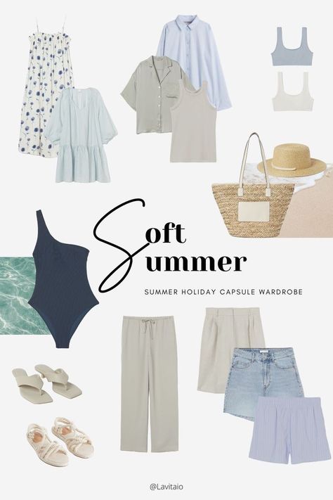 Summer Outfit Pastel, Summer Mute Cool Outfits, Soft Colour Outfit, Muted Summer Capsule Wardrobe, Soft Summer Yellow Colour Palettes, Pastel Colour Wardrobe, Soft Summer Beachwear, Soft Summer Colour Palette Outfits, Classic Summer Color Palette Outfits