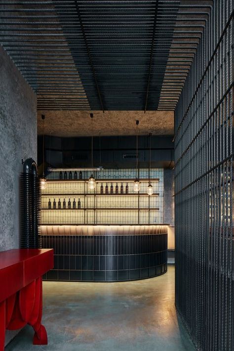 Gran Fierro | Formafatal; Photo: BoysPlayNice | Archinect Argentinian Restaurant, Charcoal Walls, Industrial Restaurant, Concrete Bricks, Steel Beams, Concrete Blocks, Open Kitchen, Restaurant Interior, Open Plan Kitchen