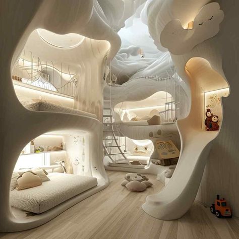 Playful House Interior, Bedroom For 4 Kids, Persephone Bedroom, Floor Bed Ideas For Kids, Dream Kids Bedroom, Amazing Kids Bedrooms, Bed Ideas Cozy, Treehouse Bedroom, Childhood Room