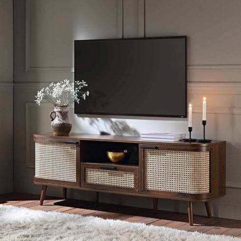 Izzy Curved Rattan 150cm TV Unit, Walnut Tv Tables Ideas, Tv On Cabinet, Focal Wall Living Room, Tv Rack Design Living Rooms, Tv Shelf Decor, Tv Table Decor, Tv Table Ideas, Rattan Tv Console, Tv Unit Living Room