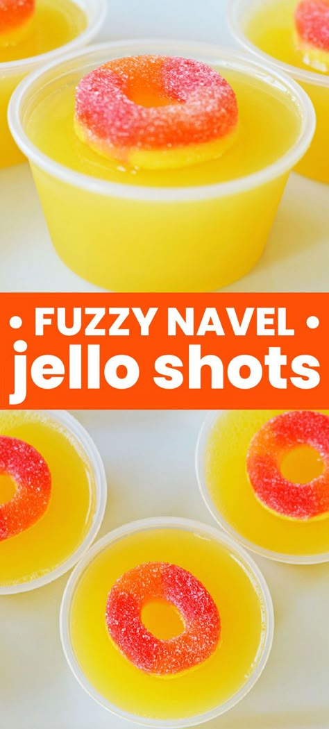 You only need three ingredients and about 10 minutes to make a batch of these easy Fuzzy Navel Jello Shots. Fun for a party! Jello Shots With Cherry Jello, Purple And Yellow Jello Shots, Rum Punch Jello Shots, Yellow Jello Shots Recipe, Island Pineapple Jello Shots, Fuzzy Navel Jello Shots, Crown Peach Jello Shots, Disco Jello Shots, Moonshine Jello Shots Recipes