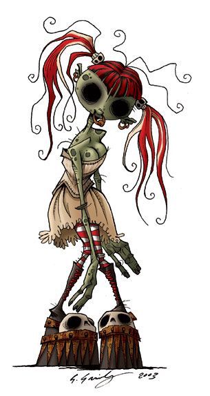 Zombie Girl, A Drawing, Zombie, Skeleton, Tattoos, Green, Red, Hair, Art