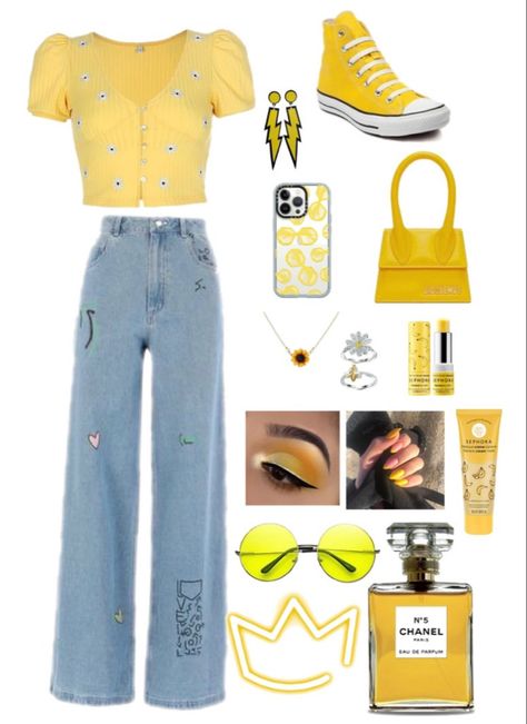 Yellow Summer Outfits Casual, Yellow Girly Aesthetic, Outfit Jaune, Yellow Aesthetic Outfits, Yellow Outfits Aesthetic, Summer Outfits Yellow, Bright Outfit Ideas, Picnic Date Outfits, Preppy Yellow