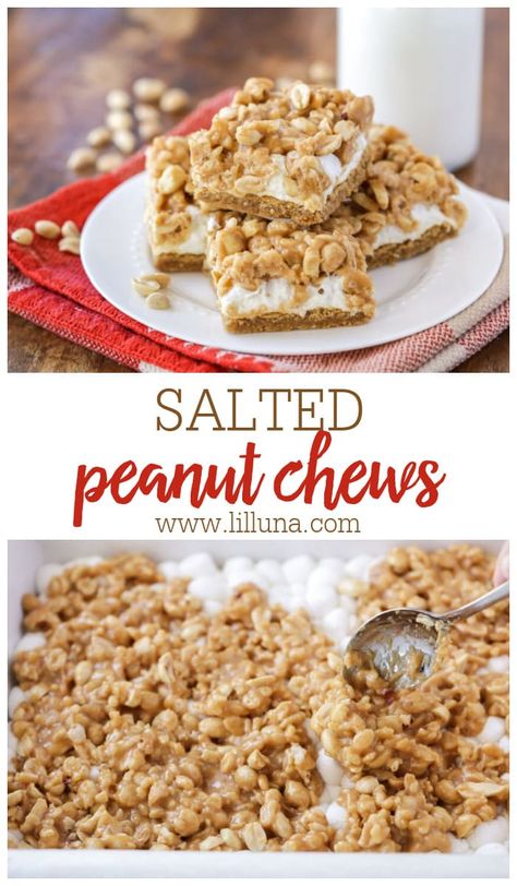 Peanut Chews Recipe, Salted Peanut Chews, Peanut Butter Cookie Crust, Butter Cookie Crust, Peanut Chews, Peanut Butter Chews, Marshmallow Dessert, Peanut Butter Marshmallow, Peanut Recipes