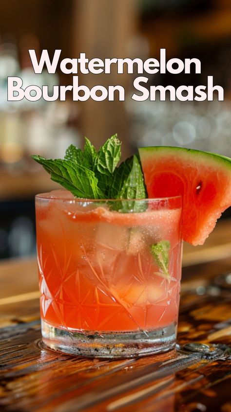 A perfect blend of sweet watermelon, mint, bourbon, and lemon for a refreshing, flavor-packed cocktail. #WatermelonBourbonSmash Watermelon And Mint, Bourbon Drinks Recipes, Whiskey Drinks Recipes, Bourbon Cocktail Recipe, Mixing Drinks, Amazing Drinks, Bourbon Smash, Watermelon Cocktail, Cocktail Recipes Whiskey