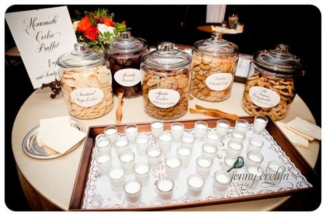 cookie and milk bar | milk and cookie bar :) or for wedding (referring to category...) Cookie And Milk Bar, Milk And Cookie Wedding Bar, Cookies And Milk Wedding Bar, Cookie Bar Party, Cookie Bar Wedding, Cookie Buffet, Desert Bar, Open House Parties, Cookie Wedding Favors