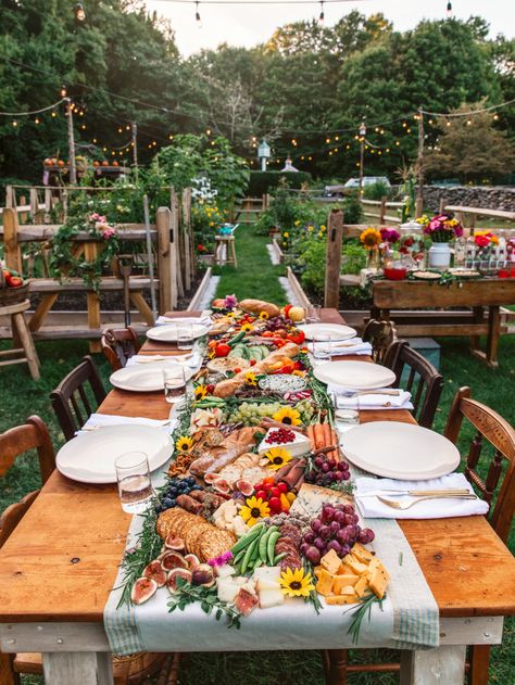 Garden Grazing Table - Classy Girls Wear Pearls Grazing Table Runner, Charcuterie Table Setting, Charcuterie Board Full Table, Sarah Patrick, Dried Watermelon, Board Recipes, Bday Dinner, Water Crackers, Table D Hote