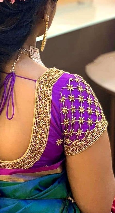 Half Sleeve Aari Blouse Design, Aari Work Half Sleeve Design, Half Sleeve Aari Work Blouse Design, Aari Sleeve Designs For Blouse, Marriage Blouses, Tamil Selvi, Blouse Neck Models, Plain Blouse Designs, Dress Designs For Stitching