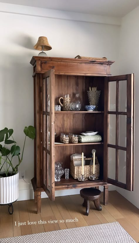 Hutch In Living Room, Living Room Hutch, Bookcase With Glass Doors, Towel Ladder, Dining Room Hutch, Whimsical Wonderland, Farmhouse Interior, Cabinet Decor, Interior Inspo