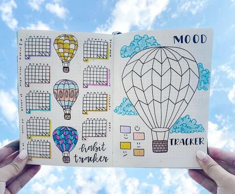 Hot Air Balloon Bullet Journal, August Habit Tracker, August Mood Tracker, Mood And Habit Tracker, Bujo 2025, Habit Tracker Bullet Journal, Bullet Journal Cover Page, Journal Diy, Bullet Journal Diy