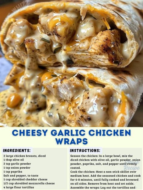 Recipe Whizz Homemade Food Recipes Dinner, Home Made Dinner Recipes, Cheesy Garlic Chicken Wraps Recipe, Wic Meals Recipes, Lunch Recipes With Chicken, Easy Lunch Ideas For Teens At Home, Quick And Easy Dinner Recipes Using Rotisserie Chicken, Easy Meals For Teens, Cheesy Garlic Chicken Wraps