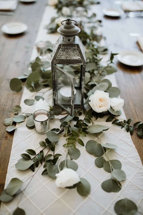 Nature Table Setting, Ikea Lantern Centerpiece Wedding, Wedding Decor Round Tables, Small Table Centerpiece, Eucalyptus Flower, Vine Decoration, German Wedding, Table Garland, Tafel Decor