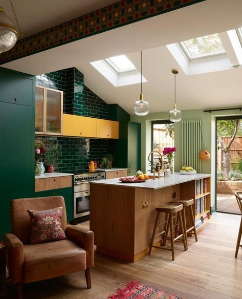 Lounge Diner, Barn Kitchen, Fireplace Tile Surround, Big Room, Morris Wallpapers, Room Addition, Moroccan Interiors, Edwardian House, Green Walls