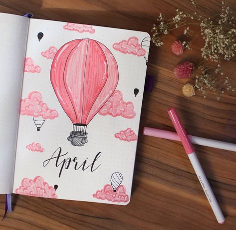 New Year Notebook Ideas, Clouds Journal, Hot Air Balloon Bullet Journal, 2025 Bujo, Bullet Drawing, Chapter Design, Aesthetic Bujo, Aesthetics Painting, Hot Air Balloon Art