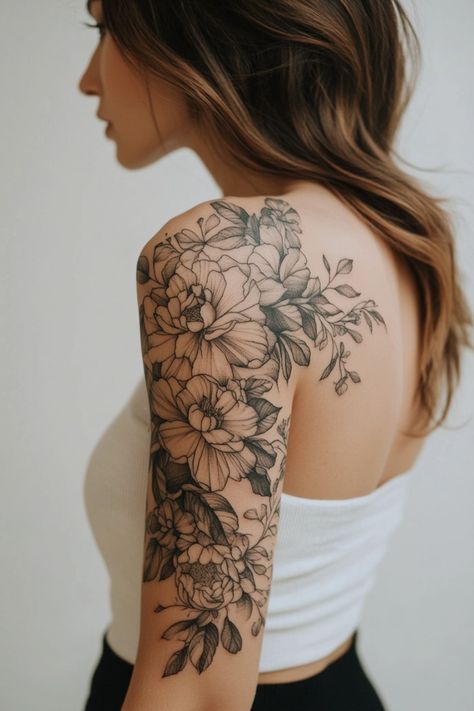 Flowers Over Shoulder Tattoo, Different Flower Tattoos Half Sleeves, Black Floral Shoulder Tattoo, Partial Sleeve Tattoo Women Shoulder, Over The Shoulder Floral Tattoo, Flower Sleeve Tattoo Designs, Flower Tattoo Over Shoulder, Peony Tattoo On Shoulder, Women Tattoo Sleeve Ideas Classy