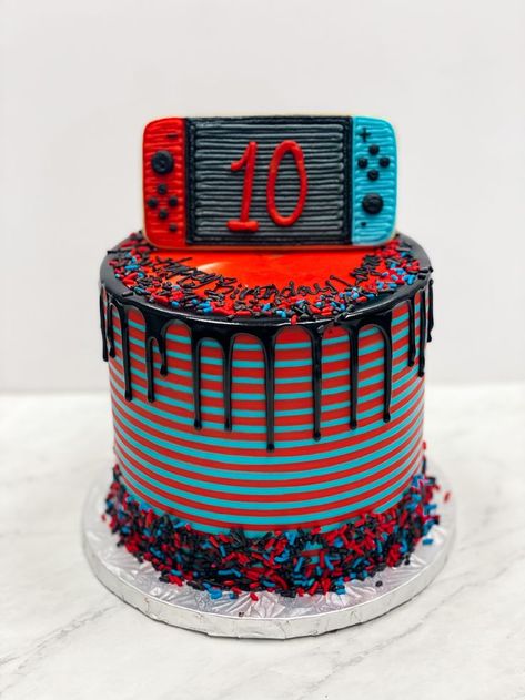 Level 10 Birthday Cake, Video Game Birthday Cake Ideas, Arcade Theme Cake, Boys 10th Birthday Cake, Video Game Birthday Party Cake, Birthday Cake For 10 Year Boy, Video Game Cakes For Boys, Switch Birthday Cake, Gaming Cakes For Boys