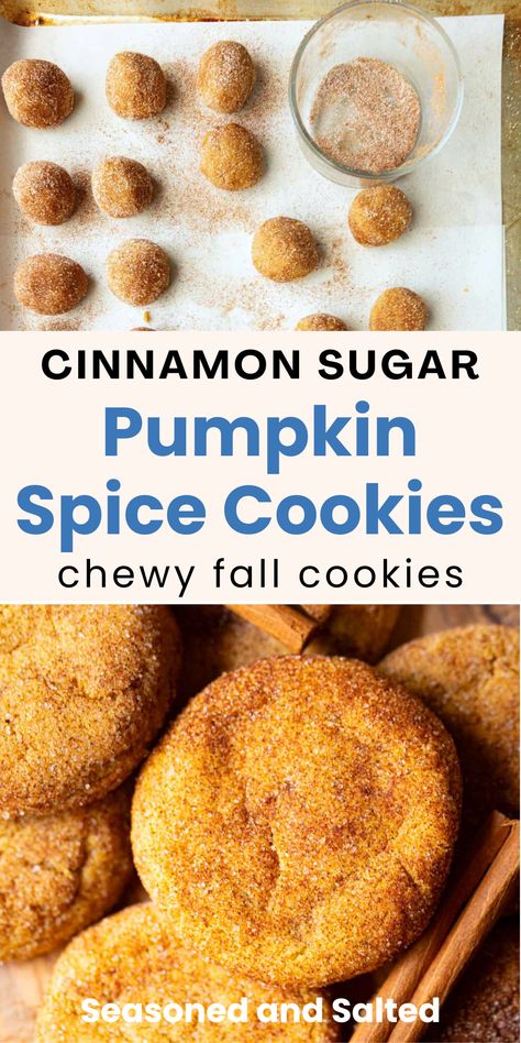 This easy pumpkin cookie recipe are the perfect addition to your fall baking lineup! These cinnamon sugar cookies with pumpkin have warm spices, and the cookie dough balls are rolled in cinnamon sugar. The pumpkin spice flavor is warm, and the chewy texture and extra moisture content is thanks to the secret ingredient: canned pumpkin puree. Happy fall or holiday baking! Pumpkin Cookies Taste Of Home, Pumpkin Orange Cookies, Pumpkin Desserts Cookies, The Best Pumpkin Cookies, Cinnamon Pumpkin Cookies, Pumpkin Doodle Cookies, Fresh Pumpkin Cookies, Pumpkin Puree Cookies Easy, Pumpkin Cookies Recipes Easy