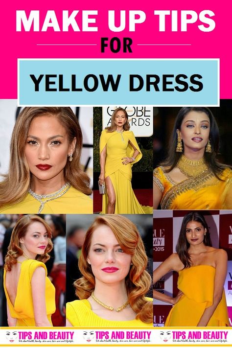 Easy and Perfect Makeup Tips for Yellow Dress. Here, are the eye makeup, lipstick advice and face makeup tips to go with your yellow dress. How to do Makeup for the Yellow Dress Yellow Cocktail Dress Outfit, Yellow Cocktail Dress Evening Party, Yellow Suit Makeup Look, Yellow Dress Red Lips, Yellow Gold Dress Outfit, Makeup Looks For Yellow Outfit, What Color Nails With Yellow Dress, Nail Color With Yellow Dress, Makeup That Goes With Yellow Dress