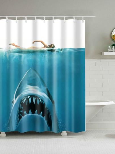 Shop 3D Shark Print Shower Curtain With Hook 12pcs online. SheIn offers 3D Shark Print Shower Curtain With Hook 12pcs & more to fit your fashionable needs. Shark Shower Curtain, Dorm Room Curtains, Shark Stuff, Bathroom Window Curtains, Cloth Shower Curtain, Modern Bathroom Decor, Patterned Shower Curtain, Shower Stall, Fabric Shower Curtains