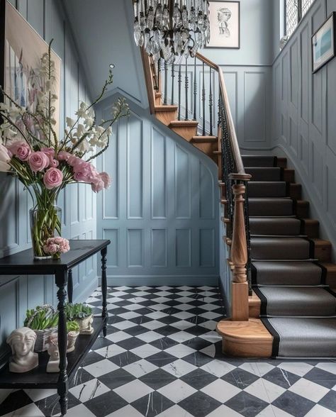 Victorian Home Staircase, Blue Foyer Walls Entryway, Add Architectural Interest Interior, Georgian Hallway Entrance, Victorian Staircase Ideas Entrance Halls, Statement Hallway Ideas, Green Hallway Ideas Entrance Halls, Colour Drench Hallway, Victorian Staircase Ideas