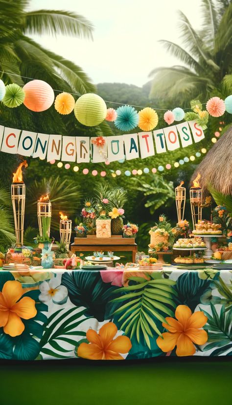 🎓 21 Stunning Graduation Decoration Ideas to Celebrate Your Big Day in Style! 🎉 Paper Lanterns Outdoor Party, Hawaiian Party Decor Ideas, Lau Theme Party, Beach Graduation Party Ideas, Carribean Party Theme, Adult Hawaiian Birthday Party, Anniversaire Theme Tropical, Island Theme Party Decorations, Tiki Birthday Cake