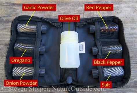 spice kit with contents annotated Travel Spice Kit, Travel Kitchen Kit, Travel Kitchen, Small Plastic Containers, Cooking Kit, Wild Camping, Spice Set, Kitchen Kit, Diy Backpack