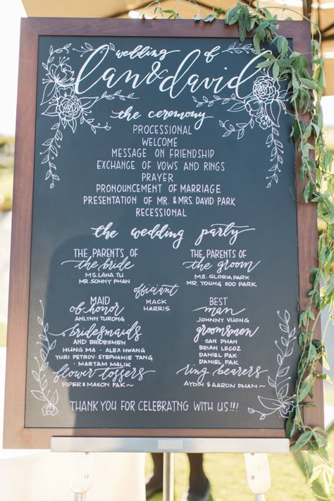 Wedding Party Program Ideas, Wedding Party Display Board, Bridal Party Sign Wedding, Wedding Party Sign, Program Sign Wedding, Wedding Party Sign Ceremony, Wedding Program Signs, Chalkboard Wedding Signs, Handwritten Wedding Signs