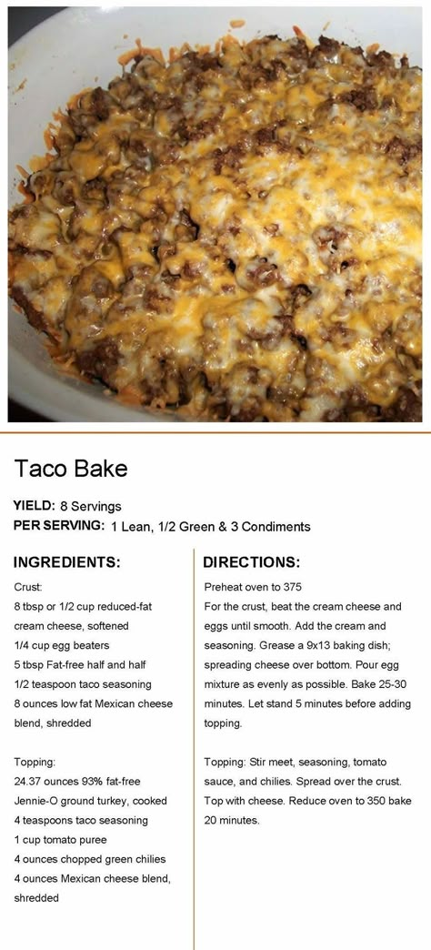 Baked Tacos Recipe, Lean Protein Meals, Green Breakfast, Taco Dinner, Lean And Green, Green Meals, Taco Bake, Lean And Green Meals, Food Swap