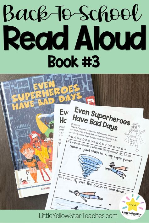 Introduce self-regulation and calm down corner in the classroom with the book "Even Superheroes Have Bad Days." This is one of the funniest Back To School read alouds that will make talking about big feelings easier for students to understand. Click the link to learn more and grab free worksheets to use for one of your back to school activities. Even Superheroes Have Bad Days Activity, Read Alouds Kindergarten, Back To School Read Alouds, Read Aloud Activities, Emotions Activities, Big Feelings, Calm Down Corner, First Week Of School, Name Activities