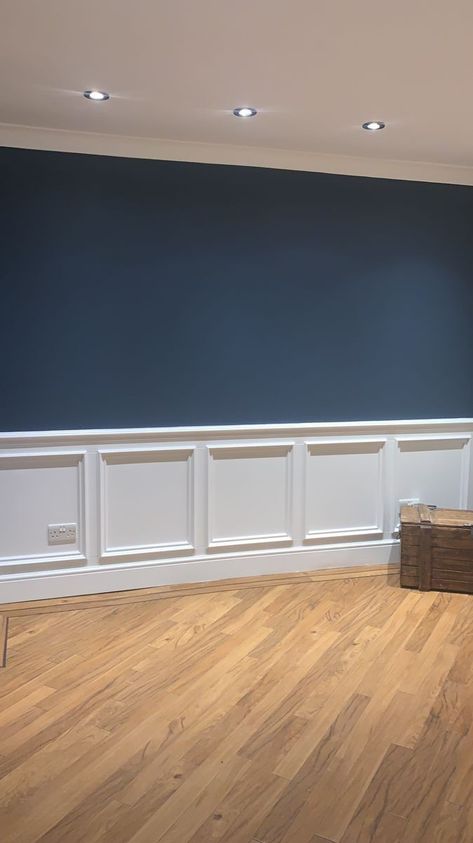 Light Panelling Dark Walls, Navy Half Wall Panelling, Wainscoting Paint Ideas Colour, Dark Blue Wall Panelling, Navy Wall Molding, Dark Blue Paneling, Navy Blue Office Walls, Blue Wall Panelling, Blue Wainscoting