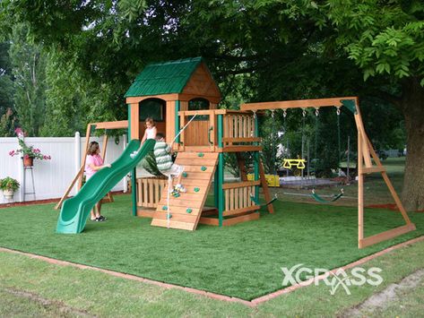 XGrass® Playground Turf | A Safe Alternative to Playground Mulch Playset Landscaping, Fake Grass Backyard, Diy Artificial Turf, Playground Turf, Artificial Grass Patio, Playground Mulch, Swing Set Plans, Grass Backyard, Playground Surface