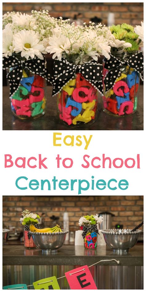 I mentioned HERE that I was asked to be in charge of providing breakfast and snacks for my school’s teachers during our work week. When I started planning, I envisioned a bunch of cute back-to-school flower arrangements (inspiration HERE). I was dreaming aloud one day with our art teacher about my ideas, but then I … Back To School Centerpieces, Teacher Appreciation Centerpieces, Breakfast Table Centerpiece, School Centerpieces, Teacher Appreciation Breakfast, Welcome Back Teacher, Teacher Retirement Parties, Teacher Lunches, Teacher Party