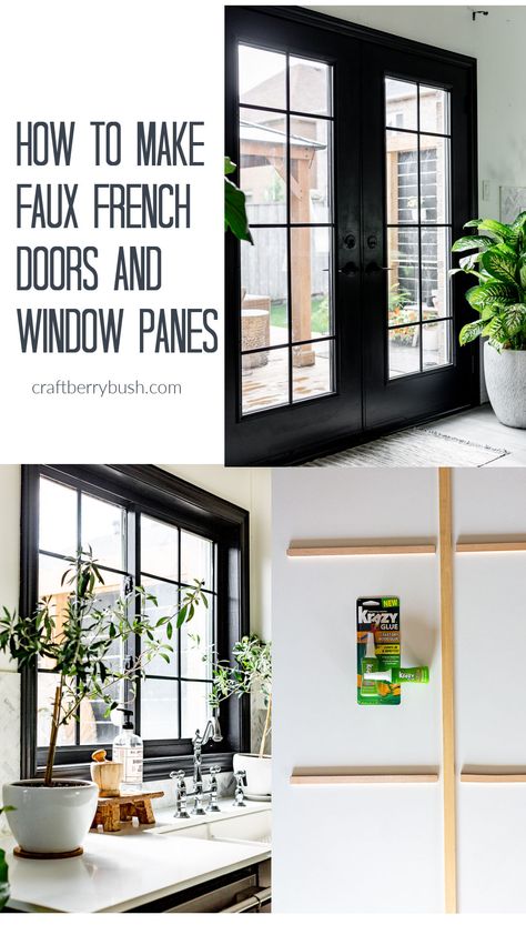 Learn how to make beautiful faux French doors and window panes. Makes your kitchen look beautiful and upscale. @krazyglue #ad Faux French Windows, Faux Window Grids Diy, Diy Faux Window Pane, Faux Window Panes Diy, Faux French Doors Diy, Window Panes Ideas, French Doors Interior Curtains, Diy French Windows, Fake Windows Ideas