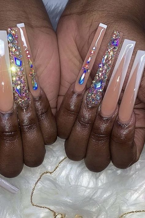 Birthday Nails Tapered Square Long, Long Square Sparkly Nails, Long French Tip Bling Nails, Cut French Tip Nails, V French Tip Nails Square, Cut Acrylic Nails, Long Square Acrylic Nails Pink Glitter, V Cut French Tip Nails, Libra Birthday Nails Design Long