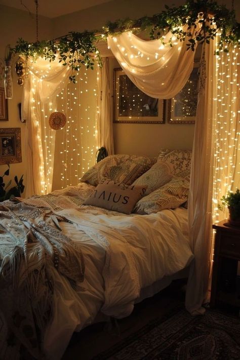 Canopy Bed Ideas Lights, Silky Bedding, Cozy Bedroom Design, Fairy Room, Dream Bedroom Inspiration, Silk Drapes, Girly Apartments, Cozy Places, Romantic Bedroom Decor