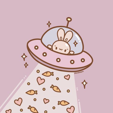 Illustration of a galactic bunny in a spaceship beaming up carrots and love. Cute Pastel Illustration, Kawaii Space Art, Cute Spaceship Drawing, Kawaii Spaceship, Cute Alien Art, Bunnies Drawing, Cute Spaceship, Bunny In Love, Space Kawaii