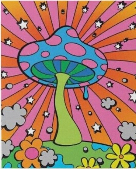 Psychodelisch Art, Trippy Mushroom, Linen Paper, Printed Artwork, Screen, Rainbow, Art