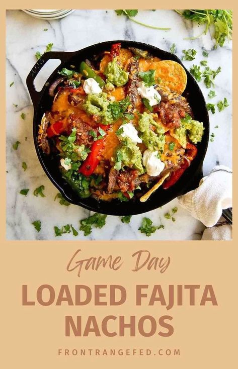 Turn any meal into a fiesta with these Loaded Steak Fajita Nachos! Flank steak, veggies, and gooey cheese come together on crispy chips for a quick, easy, and fun dinner idea. Cook in a skillet, cast iron, or sheet pan, and substitute with chicken or beef if you prefer. Great for game day or a fun family dinner. Find this and other delicious Mexican recipes at www.frontrangefed.com. Steak Fajita Nachos, Fajita Nachos, Steak Veggies, Skillet Steak, Sauteed Peppers And Onions, Crispy Chips, Fun Dinner, Sauteed Peppers, Easy Summer Meals