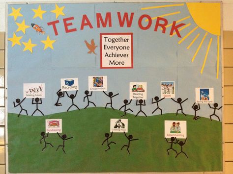 Teamwork bulletin board Teamwork Bulletin Boards, Bulletin Board Ideas For Work Offices, Team Bulletin Board, Office Bulletin Board Ideas, Recognition Board, Staff Bulletin Boards, Unique Bulletin Board Ideas, Preschool Friendship, Motivational Bulletin Boards