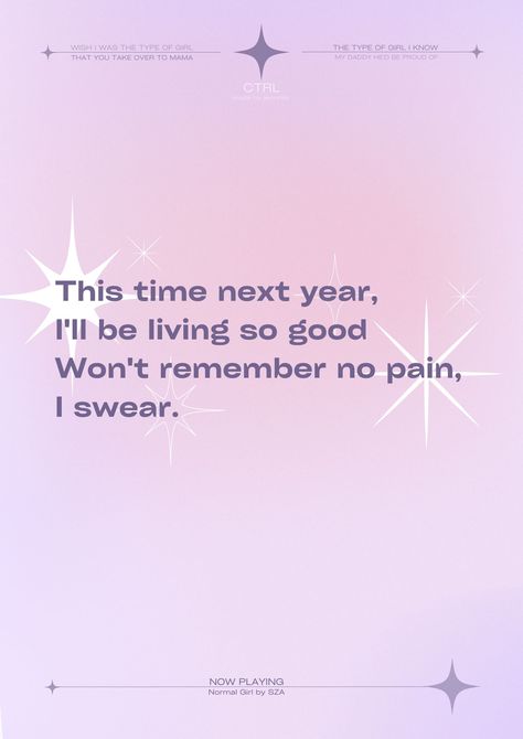 An aura motivational poster made in canva, the color is lilac with lyrics from SZA's song Normal Girl, "This time next year, I'll be living so good Won't remember no pain, I swear." Sza Normal Girl Song, Sza Ctrl Aesthetic Lyrics, Normal Girl Sza Lyrics, Pink Sza Wallpapers, Sza Lyrics Aesthetic, Ctrl Sza Wallpaper, Ctrl Aesthetic, Normal Girl Sza, Sza Lyrics Wallpaper