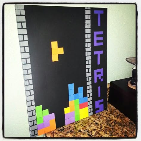 Tetris Art - made by my sister's BFF!!! Tetris Decorations Party, Tetris Classroom Theme, Tetris Bulletin Board, Diy 80s Decorations, Tetris Decor, Tetris Decorations, Tetris Party, 80s Decorations, Tetris Art