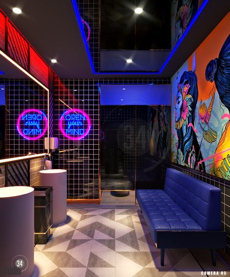 Beauty Of The Mini Club on Behance Wc Wall Design, Night Club Design Interior, Club Interior Nightclub, Night Club Design, Nightclub Decor, Club Design Interior, Modern Lobby, Gaming Lounge, Open Floor House Plans