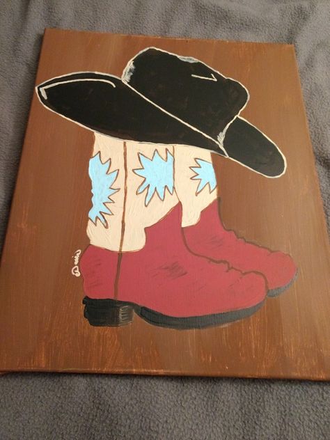 Simple Country Painting Ideas, Cowboy Hat Painting, Cowboy Boots Painting On Canvas, Cowboy Boot Painting On Canvas, Cowboy Paintings Easy, Cowboy Boots And Hat Painting, Cowboy Boots Acrylic Painting, Cowboy Boot Art Canvas, Cowboy Images