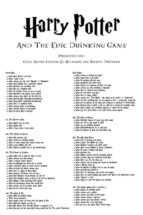 The Harry Potter Drinking Game - (remember to drink responsibly.... we don't want anymore deaths on poor Harry Potter's mind let alone yours or your friends/family) Harry Potter Drinking Game, Harry Potter Drinks, Movie Drinking Games, Harry Potter Marathon, Drinking Games For Parties, Fun Drinking Games, Harry Potter Food, Festa Harry Potter, Drink Responsibly