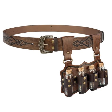 PRICES MAY VARY. COOL DESIGN- Featuring fantasy embossing for a distinctive and magical look, this belt comes equipped with four glass potion bottles, ideal for storing small amounts of liquids or small accessories. Each bottle is securely fastened yet easily accessible. The belt is sure to stand out on any adventure. GRADE FAUX LEATHER- Handcrafted with the atmosphere of the times, premium faux leather but has the feel of genuine leather, cheaper and more protective than genuine leather. We lov Fantasy Clothing Accessories, Fantasy Utility Belt, Thigh Knife Holster, Alchemy Belt, Fantasy Belt, Potion Bottles Halloween, Medieval Witch, Knife Holster, Leather Utility Belt